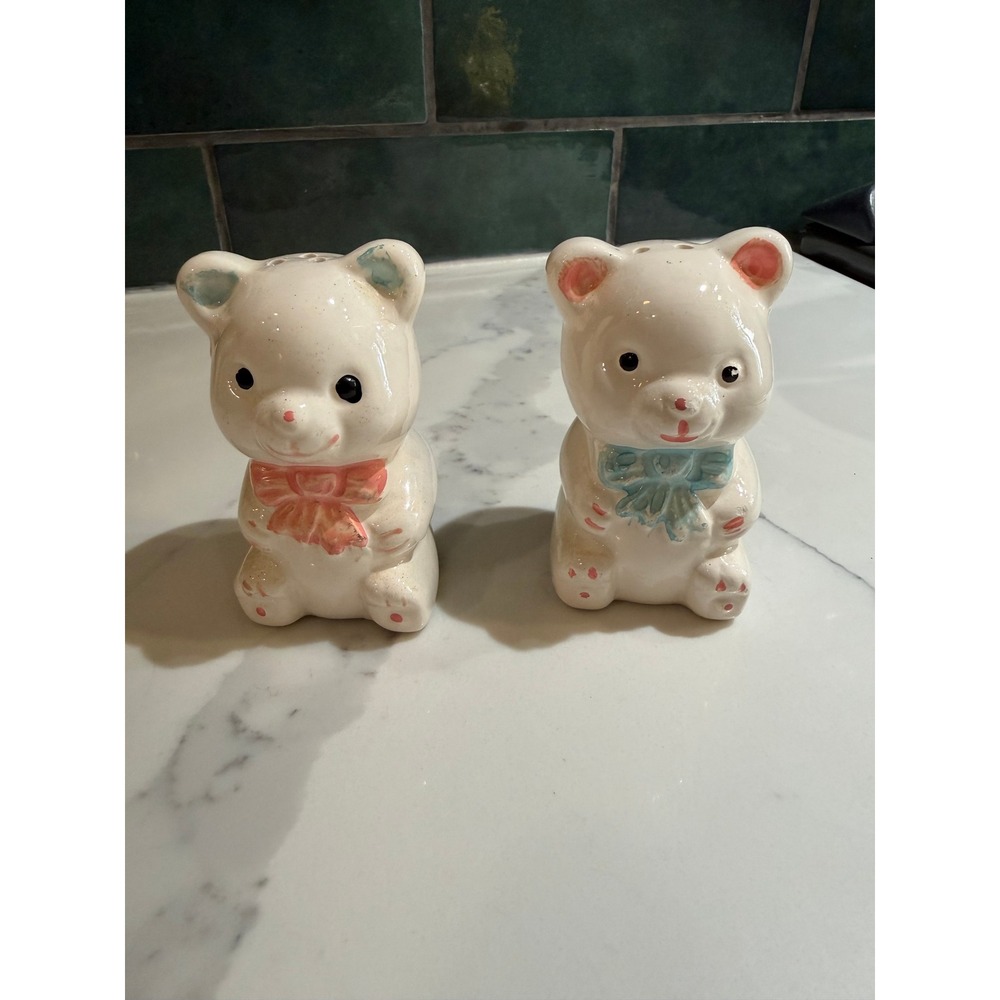 Vintage Teddy Bear Salt and Pepper Shakers Ceramic Pink Blue Bow Set of 2